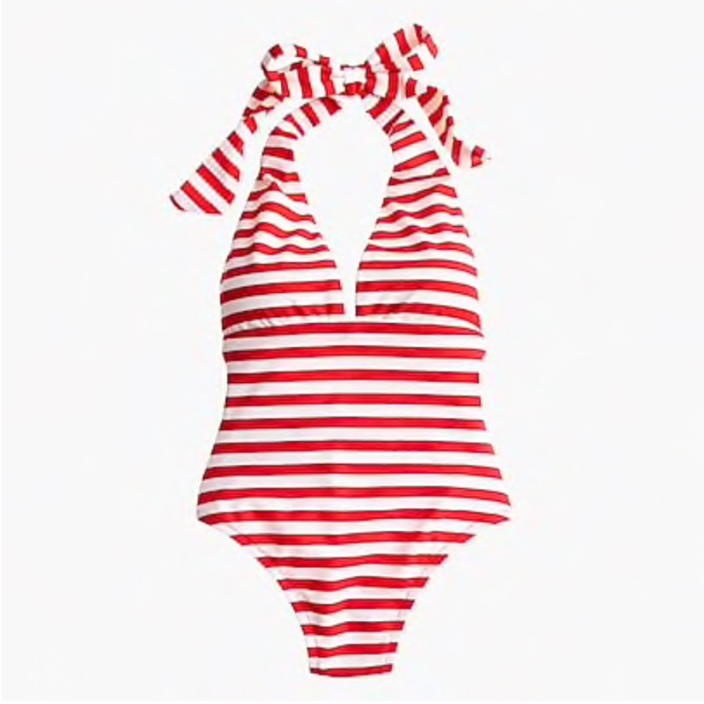 Plunging halter one-piece striped swimsuit